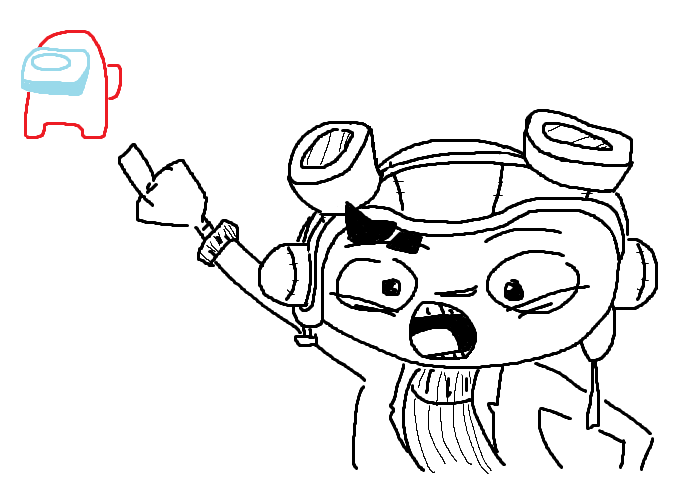 raz from psychonauts excitedly pointing at an amongus