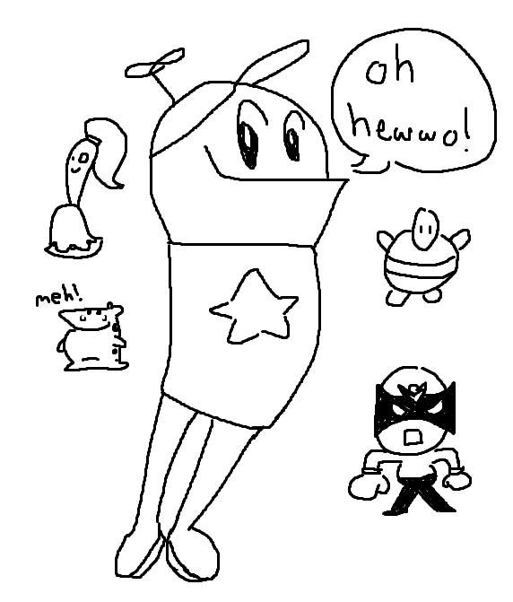 the homestar runner says 'oh hewwo!' and there are smaller doodles of marzipan pom pom strong bad and the cheat around him