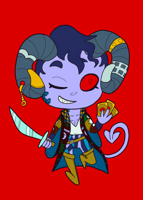 mollymauk from critical role in chibi style holding a sword and some tarot cards