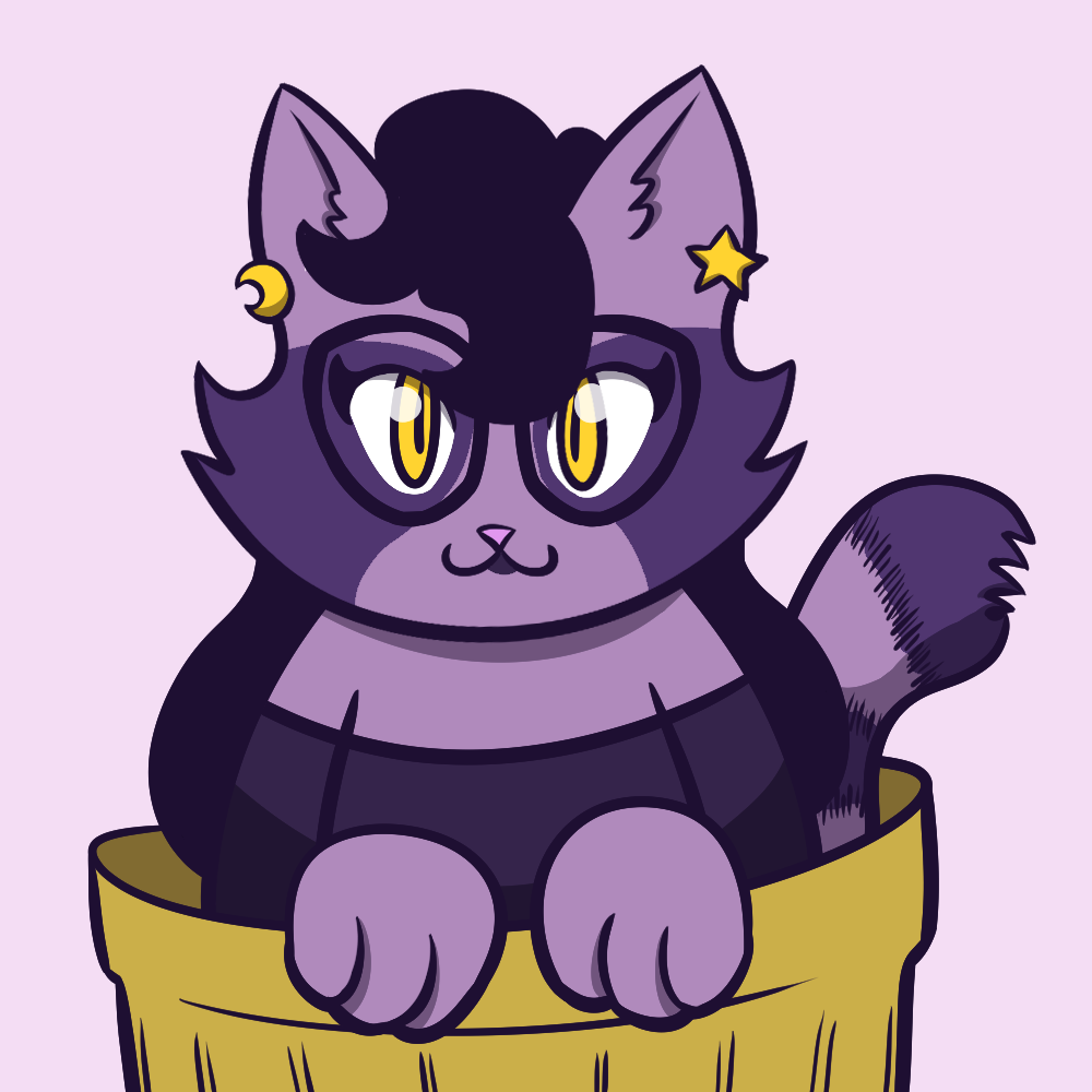 a cat+raccoon sona i drew for my girlfriend <3 she's purple and sitting in a gold trash can