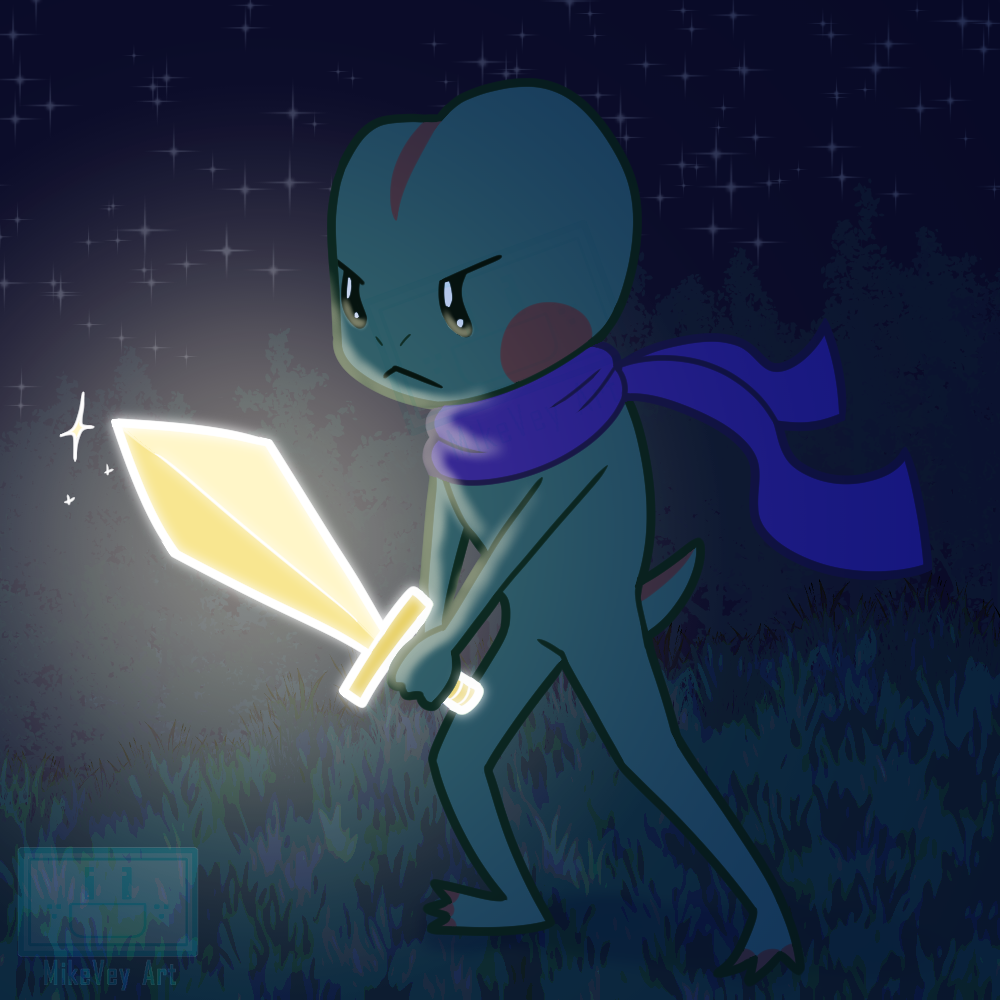 skott wields a glowing sword in the darkness